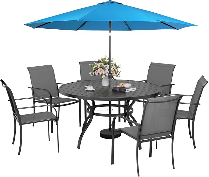 Incbruce 8 PCS Patio Dining Set with Sky Blue Umbrella, Outdoor Dining Set of 6 Textilene Chairs and 53" Round Table with Umbrella Hole for Backyard, Garden, and Poolside (Grey)