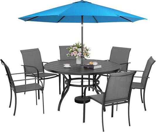 Incbruce 8 PCS Patio Dining Set with Sky Blue Umbrella, Outdoor Dining Set of 6 Textilene Chairs and 53" Round Table with Umbrella Hole for Backyard, Garden, and Poolside (Grey)