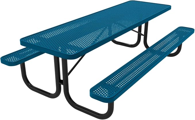 COATEDOUTDOORFURNITURE Heavy-Duty Portable Outdoor Picnic Table, Thermoplastic Coated Punched Steel Commercial-Grade Patio Dining Furniture Made in America (8ft Rectangular, Light Blue)