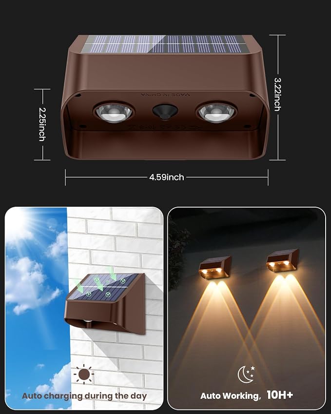 Brighter Solar Fence Lights-3000/4000/6000K 3 Mode,Solar Lights Outdoor Waterproof,Dusk to Dawn Deck Light, Outdoor Lighting for Backyard/Railing/Wall/Step/Patio(8 Pack,Brown)