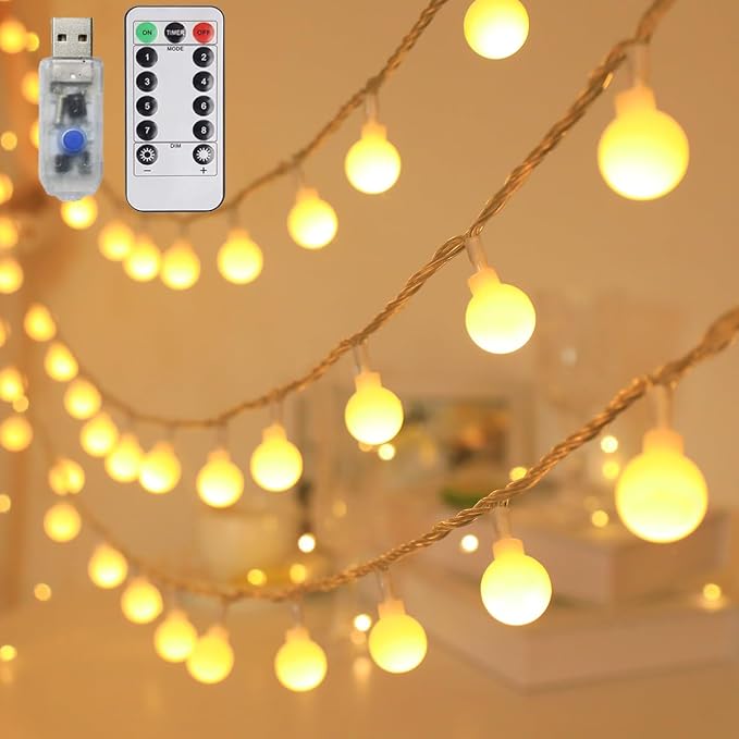 RaThun Globe String Lights 65.6 Ft. 160LEDs 8 Modes with Remote,USB Fairy Lights Plug in,Waterproof LED String Lights for Indoor Outdoor Bedroom Party Wedding Garden Christmas Tree Decor,Warm White