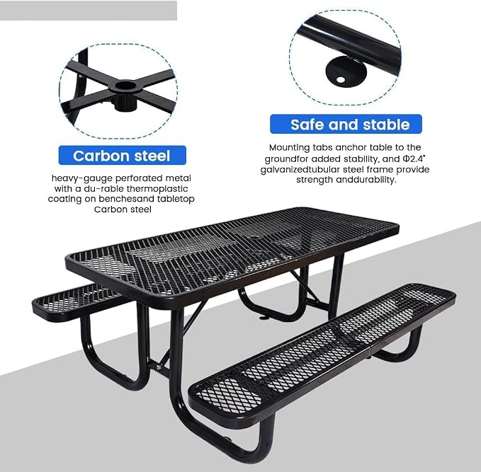 72" Rectangular Metal Picnic Table for 4-8 Person, Durable Heavy Duty Commercial Picnic Table up to 2800 lbs for Outdoor Coffee Shop, School, Hospital, Easy to Install, Black