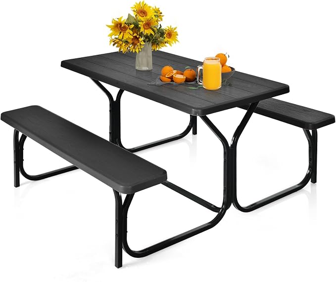 LDAILY Picnic Tables, Rectangular Picnic Table with Steel Frame, 2 Benches Set, HDPE Tabletop, Plastic Picnic Table for Outdoor, Camping, Patio, Lawn, Yard, Picnic Parties (Black)