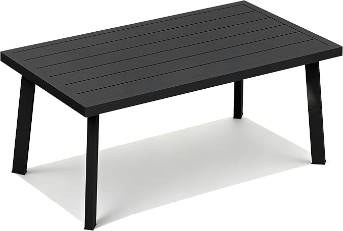 Outdoor Coffee Table, Never-Rust Aluminum Patio Table with Wood Grain Texture, Modern Rectangle Slatted Garden Side Table for Porch, Deck, Balcony, Indoor & Lawn (Black)