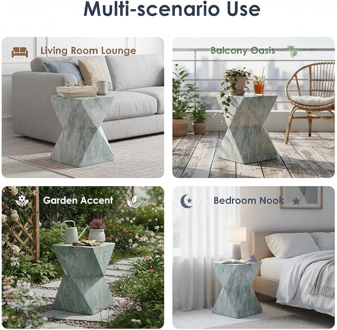 Outdoor Side Table Faux Marble Square Side Table Hourglass End Tables Small Coffee Tables for Patio Garden Stool for Porch, Backyard Balcony,12.2",Weather Resistant, Light Green
