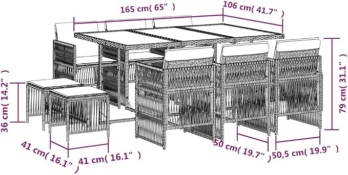 10-Seater Garden Dining Set with Black Poly Rattan and Powder-Coated Steel, Rectangular Table and Cushioned Chairs, Foldable Outdoor Furniture for Patio or Backyard