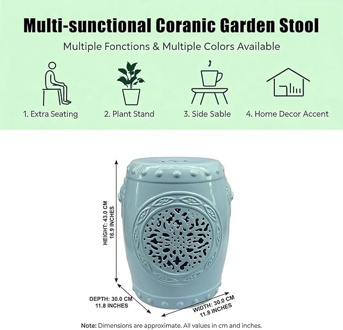 Decorative Ceramic Garden Stool, Hand-Crafted Outdoor Side Table, Shoe Changing Drum Stool for Patio, Living Room Accent Furniture(White 4)