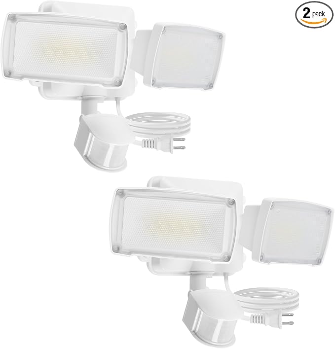 LUTEC 21W 2 Pack Plug in Motion Sensor Light Outdoor, Flood Lights Outdoor Motion Sensor,2500LM, 5000K Daylight,IP65 Waterproof,Adjustable 2 Heads Wall Light for Garage, Porch, Yard - White