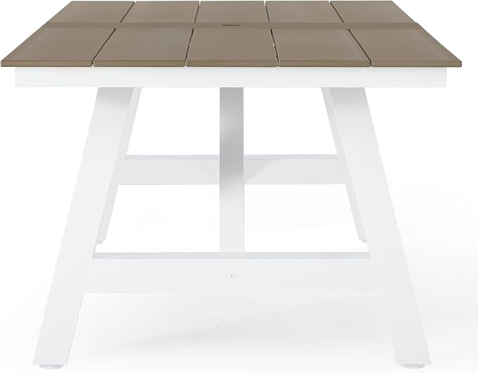 Costaelm Rectangle Patio Table, 8-Person Backyard Table 90" HDPE Dining Table with Umbrella Hole and Metal Frame for Outside, Garden, Poolside, Deck, Porch, Balcony, Weathered Wood