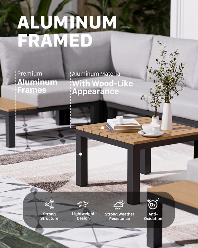 ZANDOR Aluminum Outdoor Patio Coffee Table, Metal Conversation Furniture with Wood-Look Table Top for Garden Backyard Porch