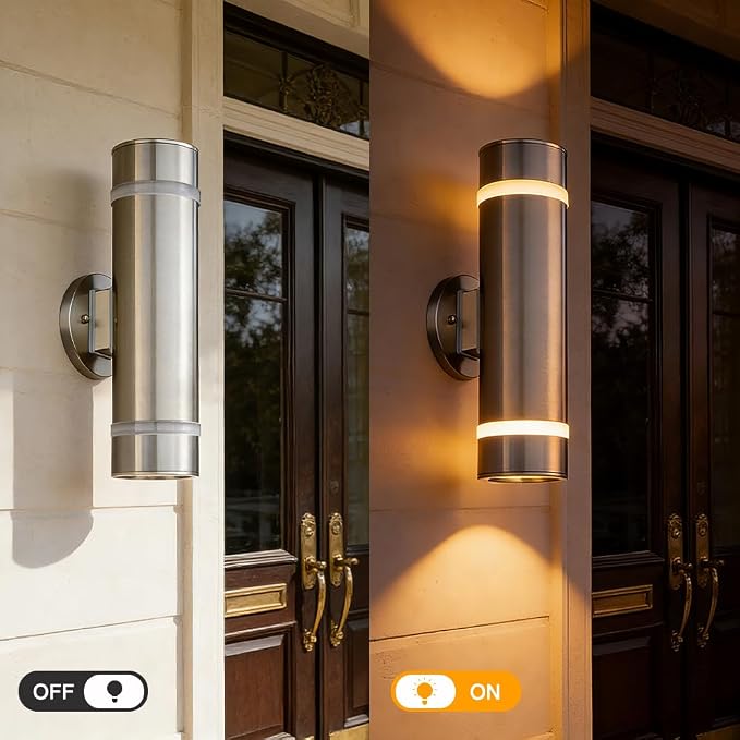 15" Stainless Steel Modern Outdoor Wall Sconce Cylinder Porch Light | E26 Base,UL listed,Brushed Nickel Up and Down Lights Outdoor Exterior Lighting Fixture for House Garage Patio Porch Garden