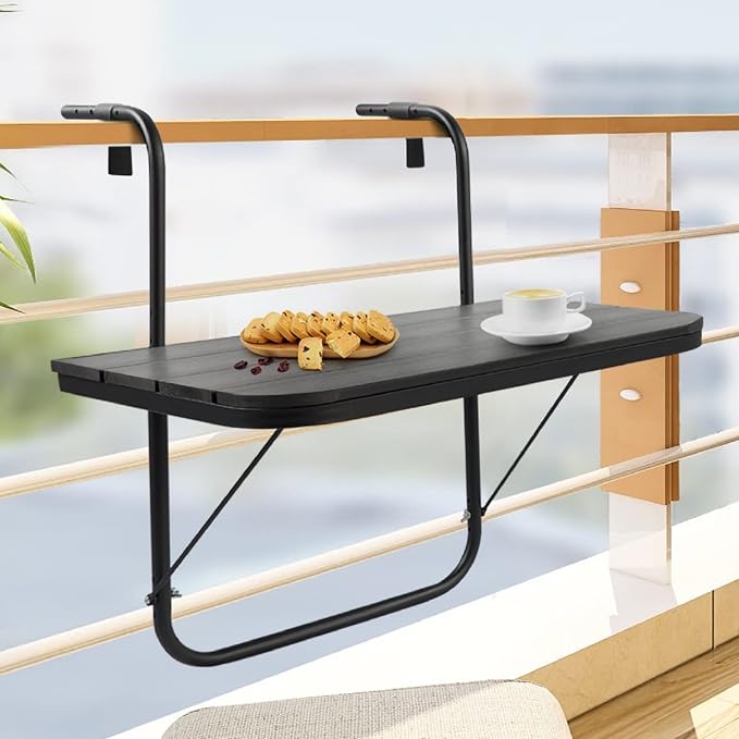 Balcony Table Hanging Deck Railing Table Outdoor Balcony Bar Tables for Railings Aluminium Folding Adjustable for Patio Deck Garden Baluster Windows 23.6" x 15.7", All Weather Space Saving Black