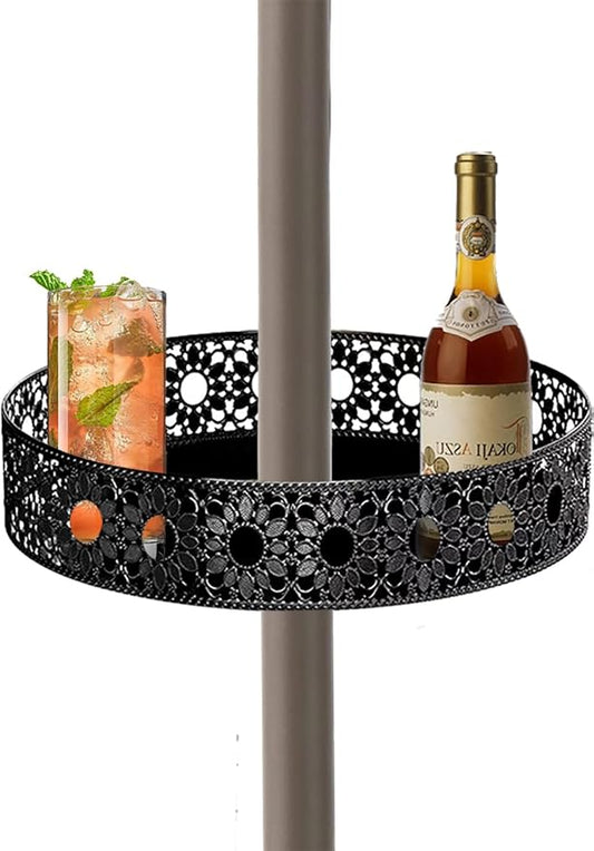 11'' Patio Umbrella Table Tray for Outdoor, Portable Round Table Tray with Umbrella Hole for Beach Patio Garden Pool Umbrella, Hollow Sunflower Shape, Black