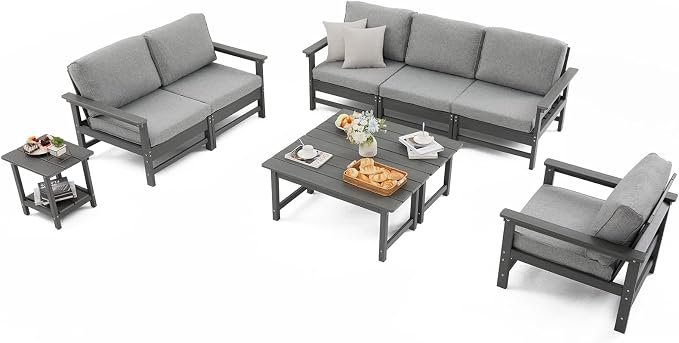 HDPE Outdoor Patio Furniture Set with Cushions, 9 Piece Patio Conversation Set Sofa Set,All Weather Outdoor Couch Set with Coffee Table for Lawn, Garden, Deck