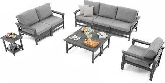 HDPE Outdoor Patio Furniture Set with Cushions, 9 Piece Patio Conversation Set Sofa Set,All Weather Outdoor Couch Set with Coffee Table for Lawn, Garden, Deck
