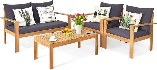 HAPPYGRILL 4 Pieces Wood Patio Conversation Set, Outdoor Furniture Sofa Table Set, Cushions, Acacia Wood Chairs & Coffee Table Set for Garden Backyard Poolside