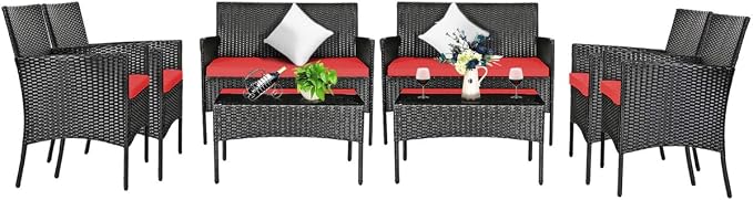 Tangkula 8 Piece Patio Furniture Set, Outdoor Wicker Conversation Set with Tempered Glass Coffee Table, Rattan Loveseat & Chairs Set with Seat Cushions for Backyard, Garden, Poolside (2, Red)