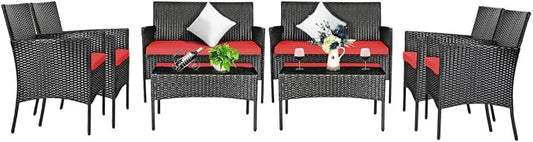 Tangkula 8 Piece Patio Furniture Set, Outdoor Wicker Conversation Set with Tempered Glass Coffee Table, Rattan Loveseat & Chairs Set with Seat Cushions for Backyard, Garden, Poolside (2, Red)
