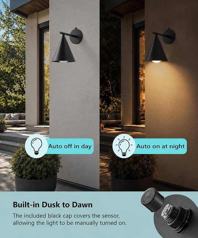 Dusk to Dawn Outdoor Wall Lights Set of 2, Modern LED Wall Sconce | Dusk to dawn