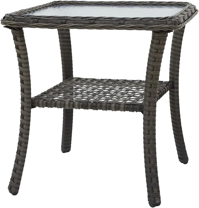 COOS BAY PE Rattan Outdoor Side Table, Tempered Glass Top Coffee Table for Garden, Lawn, Deck, Backyard, Stonewash Gray