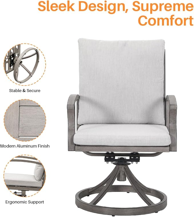 Swivel Patio Dining Chairs Set of 2, Never-Rust Aluminum Outdoor Swivel Rocking Dining Chairs with Cushions, Outdoor Dining Set Patio Furniture Set for Backyard, Deck, Garden, Pool, Limed Oak