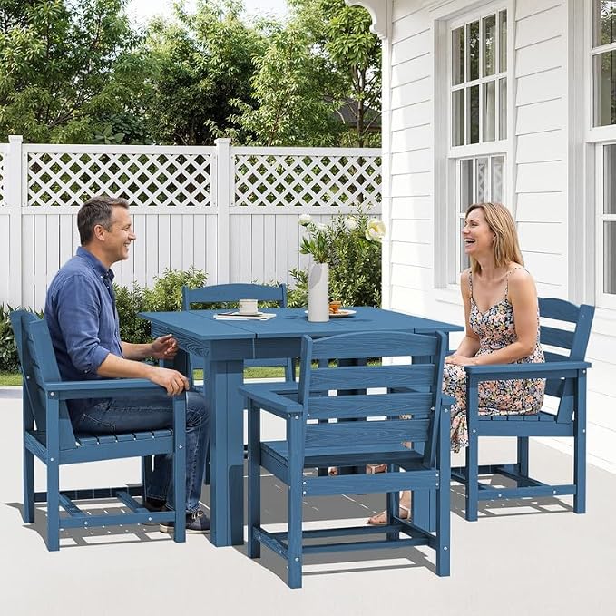 KINGYES HDPE Outdoor Dining Set for 4 with Umbrella, 6-Piece Square Patio Table & Armchairs, All-Weather for Backyard, Garden, Lawn & Poolside, Blue