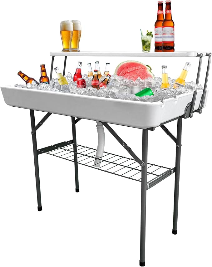2 Tiers Portable Folding ice Cooler Table with Storage Rack & Drain Hose, Perfect Picnic Table for Camping, Beach, Backyard Parties, Weddings, Events, White