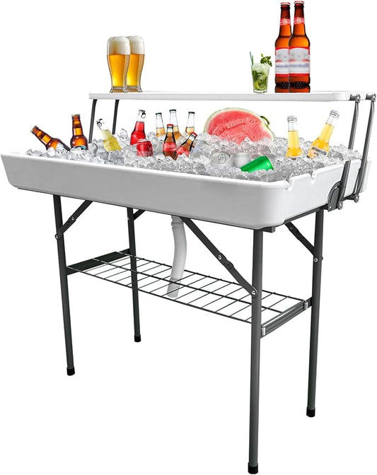2 Tiers Portable Folding ice Cooler Table with Storage Rack & Drain Hose, Perfect Picnic Table for Camping, Beach, Backyard Parties, Weddings, Events, White