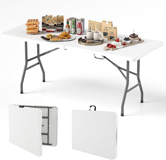 Goplus 6ft Plastic Folding Table, 350 LBS Outdoor Heavy Duty Folding Tables with HDPE Tabletop, Handle, Lock, Foldable Rectangle Portable Utility Card Table for Picnic, Party, Camping, Dining