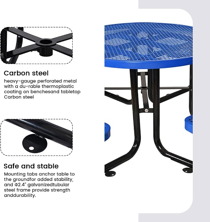 46" Round Metal Picnic Table for 4-8 Person, Durable Heavy Duty Commercial Picnic Table with Umbrella Hole for Outdoor Coffee Shop, School, Hospital, Easy to Install, Blue