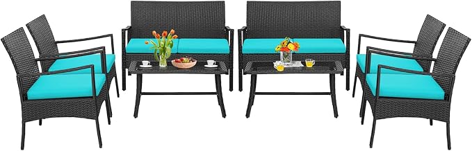 Tangkula 8 Pieces Rattan Conversation Set, Patio Sofa Couch Set with Tempered Glass Coffee Table, Seat Cushions, Outdoor Wicker Loveseat Set for Poolside, Courtyard, Balcony (2, Turquoise)