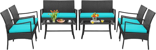 Tangkula 8 Pieces Rattan Conversation Set, Patio Sofa Couch Set with Tempered Glass Coffee Table, Seat Cushions, Outdoor Wicker Loveseat Set for Poolside, Courtyard, Balcony (2, Turquoise)