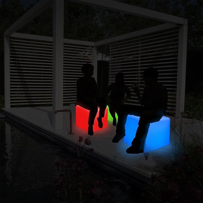 Vandue LED Cube Light | Rechargeable 16 Color Changing Light Up Stool, Ottoman, & Side Table | Indoor/Outdoor Waterproof Mood Lighting for Party, Wedding & Patio (8")