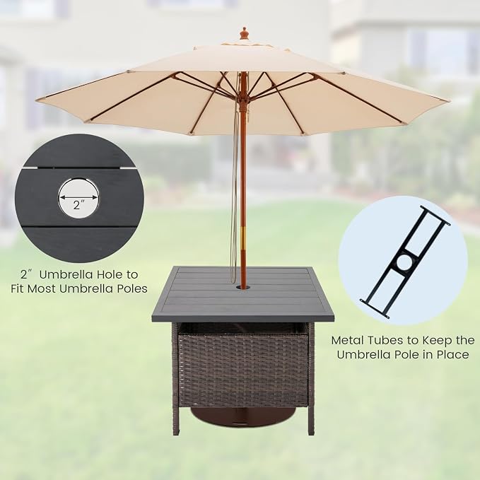 HAPPYGRILL Patio Umbrella Table Stand Rattan Outdoor Side Table with Umbrella Hole, PE Wicker Frame, for Patio Garden Deck Poolside