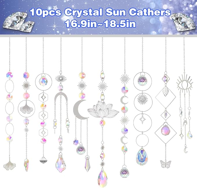 Sun Catchers, 10 Pcs Crystal Suncatcher Prism Hanging Kit for Indoor Window | Rainbow Maker Crystals Balls Pendants Ornaments for Home Outdoor Garden Backyard Patio Car Mirror Christmas Tree Decor