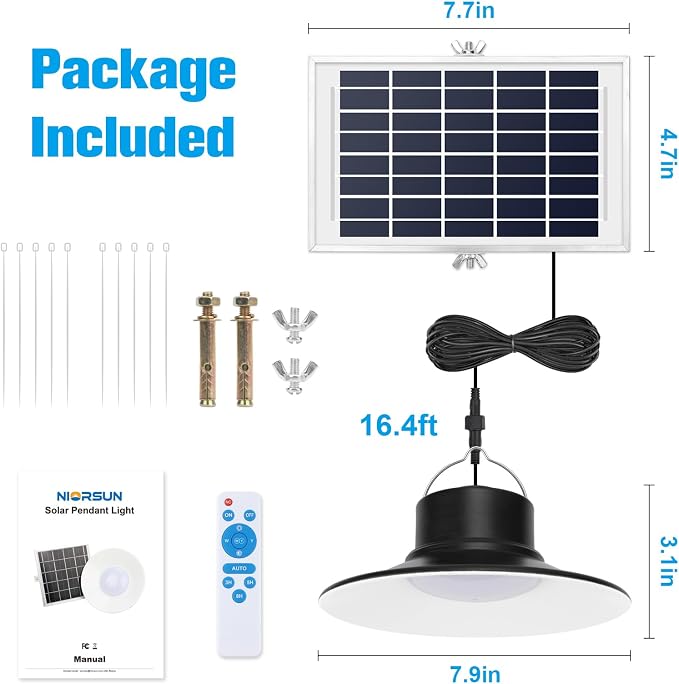 Solar Lights Outdoor, LED Solar Pendant Light 3000K|4000K|5000K| Dimmable Lighting with Remote Control, 16.4ft Cable IP66 Waterproof for Patio, Garage, Camp, Chicken Coop, Shed Barn
