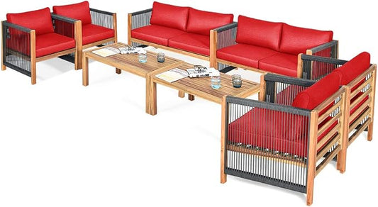 Tangkula Outdoor Wood Furniture Set, Acacia Wood Frame 2 Loveseat Sofa, 4 Single Chairs and 2 Coffee Table, 8 Pieces Conversation Set with Cushions, Garden Balcony Poolside Outdoor Living Set (2, Red)
