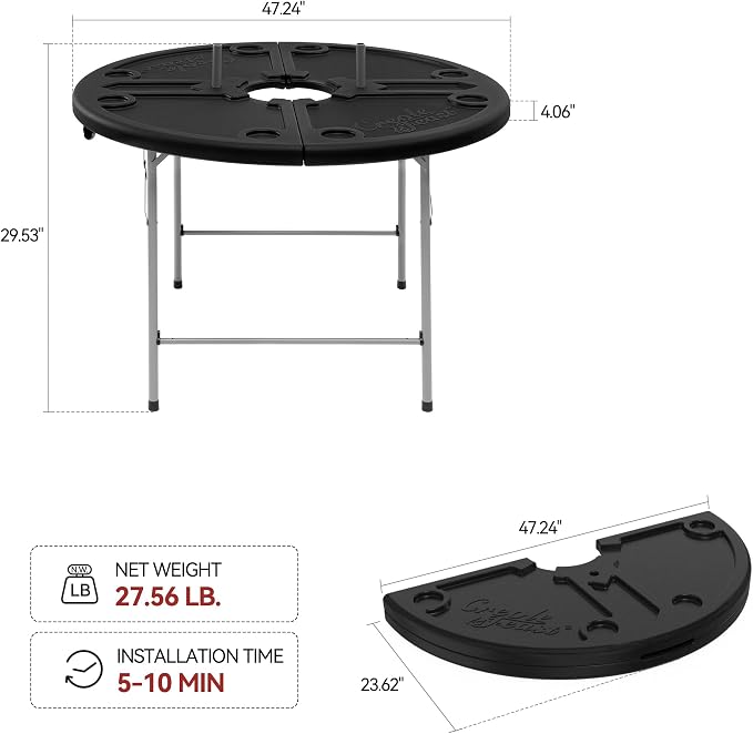 Creole Feast FT4804 Foldable Round Crawfish Table, 47 Inch Portable Seafood Table with Large Grooved Areas and Beverage Holders for Both Indoor & Outdoor Use, Black