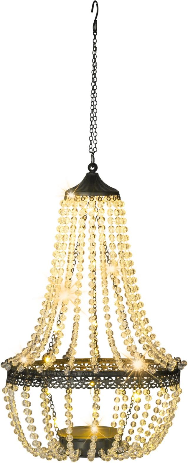 Hanging Solar Lantern Outdoor, 28” Modern Clear Crystal Acrylic Chandelier with 30 Warm White Lights S Hook for Garden, Yard, Patio, Gazebo Decorations