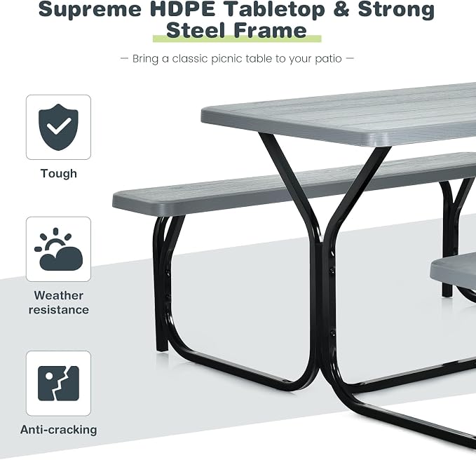 DORTALA Plastic Picnic Table for Outdoors, All Weather Faux Wood Patio Picnic Table Set with Benches for Outdoor, Cafeteria and Commercial, Gray