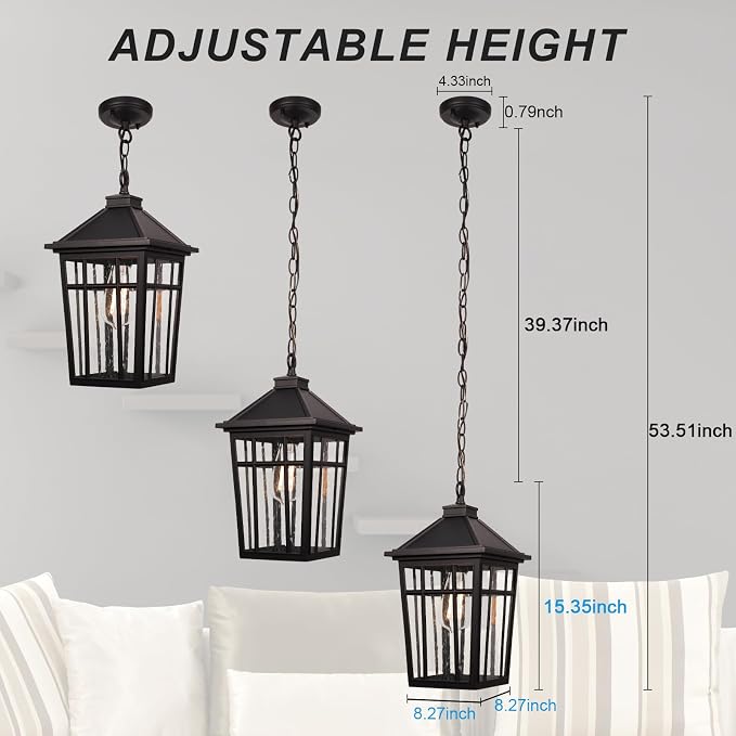 Darkaway Large Outdoor Pendant Light Fixture, 16inch Outdoor Hanging Light Porch Lights Fixtures Anti-Rust Waterproof Aluminum with Seeded Glass for Porch Entryway Doorway Farmhouse (Black，Large)