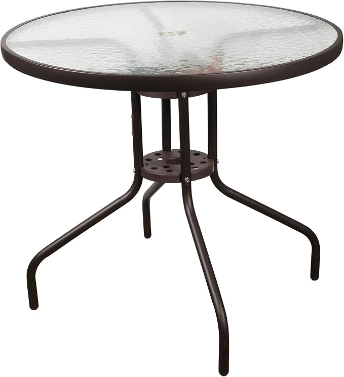 Garden Elements Outdoor Patio Furniture, Round Dining Table, Steel Base and Rim with Water-Wave Glass Top, Brown, 31.5"
