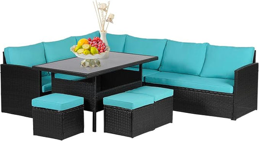 Patio Dining Sets 7 Pieces Outdoor Table and Chairs Patio Dining Table Set Patio Furniture Set Outdoor Sectional Sofa with 9 Seats and Table for Outdoor Backyard Porch Poolside Balcony Garden, Blue