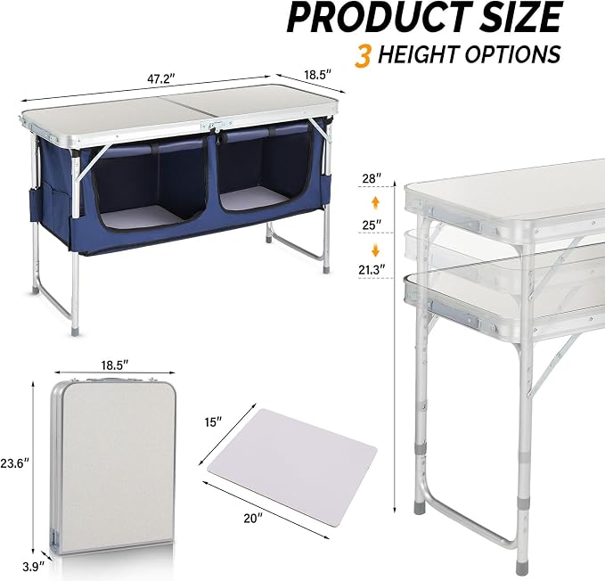 VINGLI 4 Ft Folding Camping Table with Storage, Aluminum Picnic Table, Adjustable Height for Outdoor Beach BBQ Backyards Travel Party White