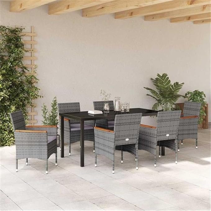 Afuera Living 7 Piece Patio Dining Set, Poly Rattan and Steel Construction, Gray Finish with Cushions, Tempered Glass Tabletop, Acacia Wood Armrests, Modern Outdoor Furniture for Gardens and Terraces