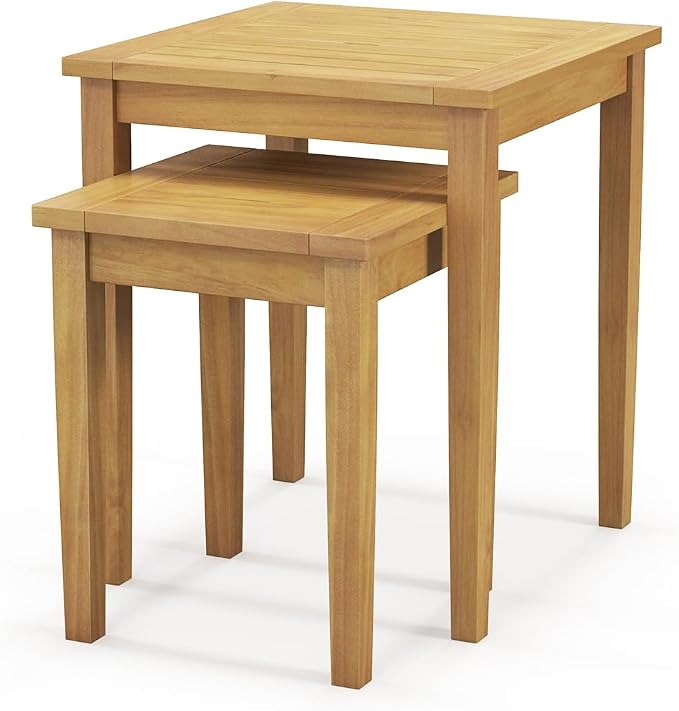 Tangkula 2 Pieces Patio Nesting Table, Teak Wood Outdoor Space Saving Design Square End Table for Poolside, Lawn, Garden, Balcony (Natural)