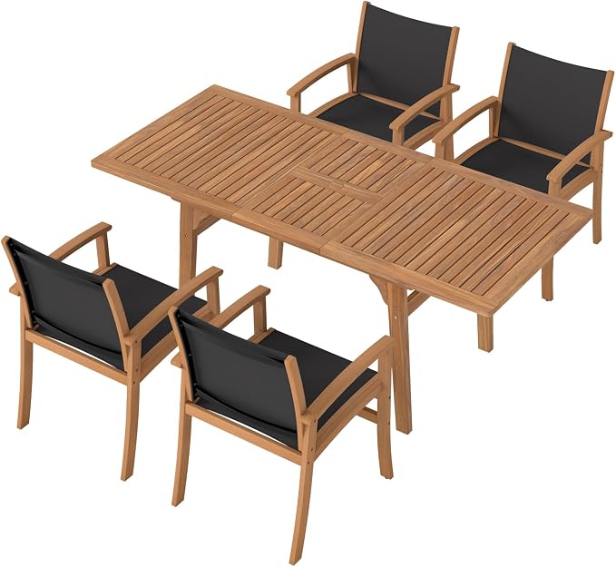 SUNSITT 5-Piece Outdoor Patio Dining Set, 55" - 71" Acacia Wood Expandable Table & 4 Breathable Textilene Mesh Chairs, All-Weather Patio Furniture w/Umbrella Hole for Backyard, Deck, Garden, Black