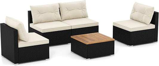 RELAX4LIFE 5-Piece Wicker Outdoor Furniture - PE Rattan Sectional Conversation Set w/4 Armless Sofas & Acacia Wood Coffee Table, Cushioned Patio Sofa Set for Garden Poolside Backyard Porch (Off White)
