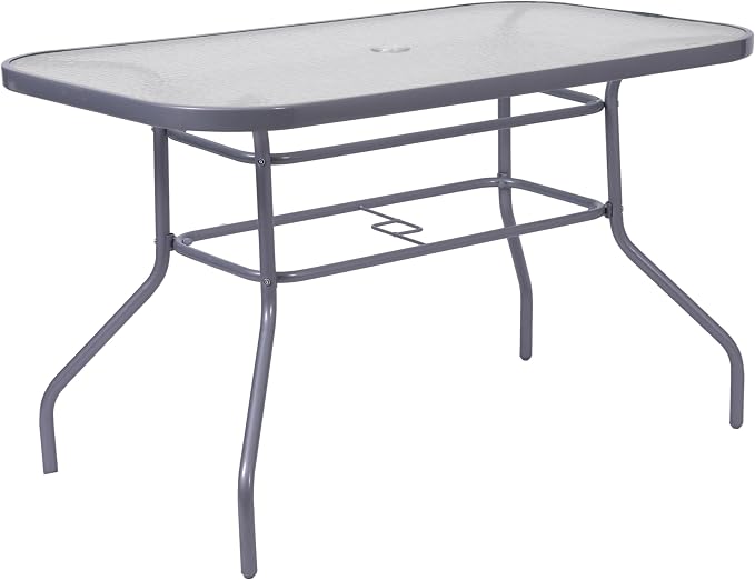Flash Furniture Tory Rectangle Patio Table with Umbrella Hole, Commercial All-Weather Table with Heat Resistant Tempered Glass, Steel Tube Frame, 27.5x47.25, Silver