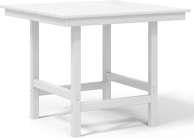 Costaelm Outdoor Patio Table, Outdoor Dining Table for 4, Weather Resistant Square Patio Table with Umbrella Hole for Garden, Poolside, Porch, White